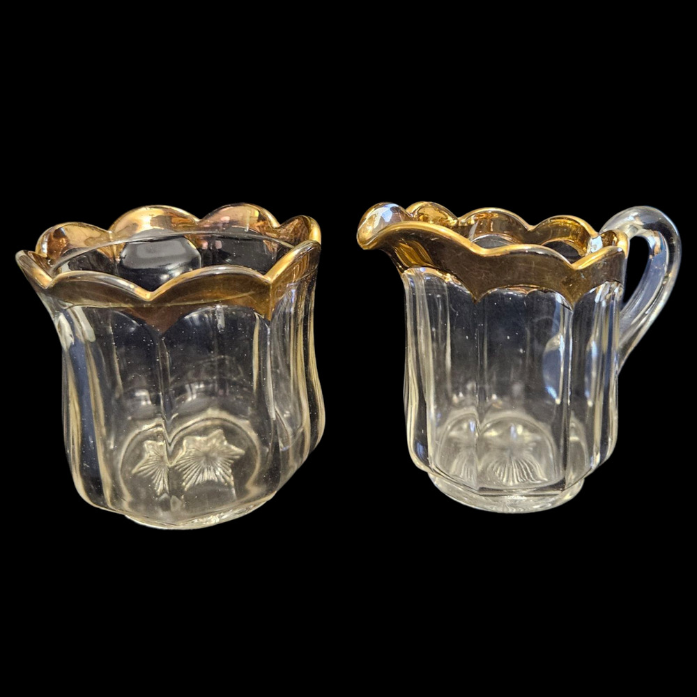 Vintage Clear Pressed Glass Creamer Open Sugar Amber Scalloped Rim Set